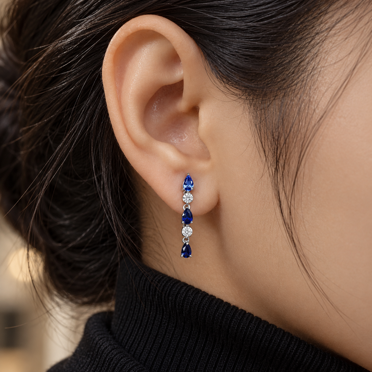 Blue Pear & Round White Stone Drop Earrings with Screw Backs