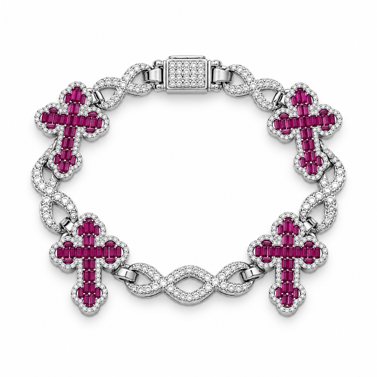 Ruby Pink Cross & Infinity Link White Gold-Tone Bracelet – Custom Iced Out Jewelry