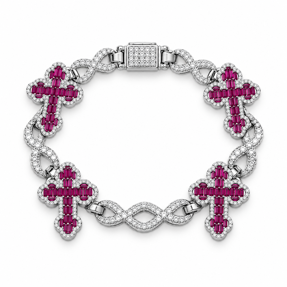 Ruby Pink Cross & Infinity Link White Gold-Tone Bracelet – Custom Iced Out Jewelry