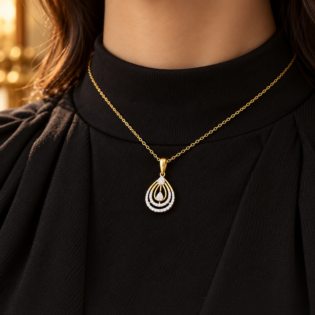 Layered Teardrop Pavé Cluster Yellow Gold Pendant Necklace
