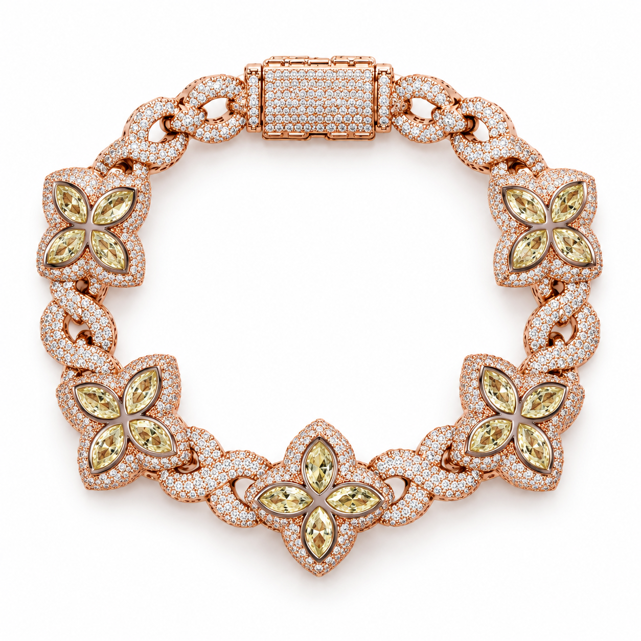 Iced Out Yellow Four Petal Flower Bracelet | Rose Gold Hip Hop Jewelry