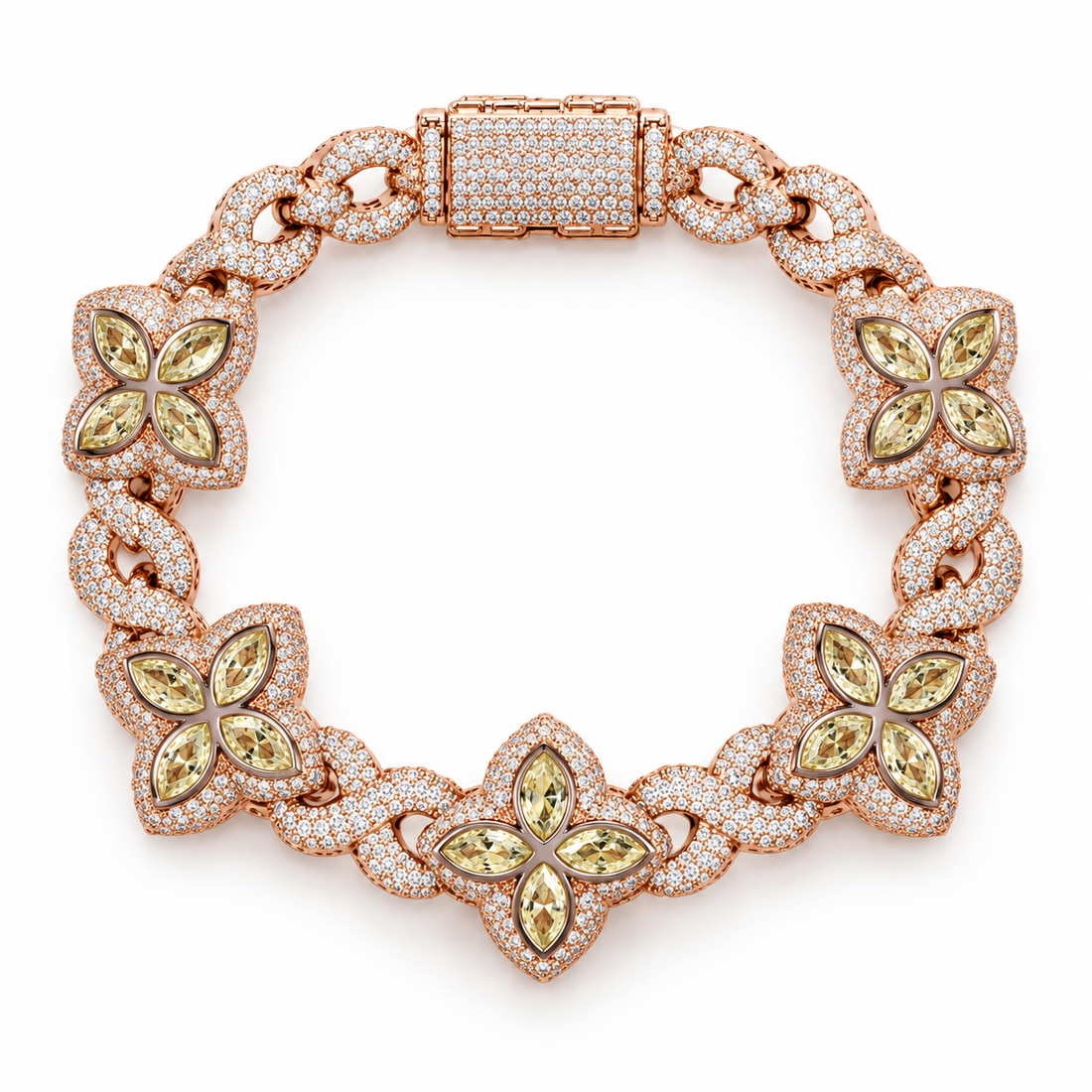 Iced Out Yellow Four Petal Flower Bracelet | Rose Gold Hip Hop Jewelry