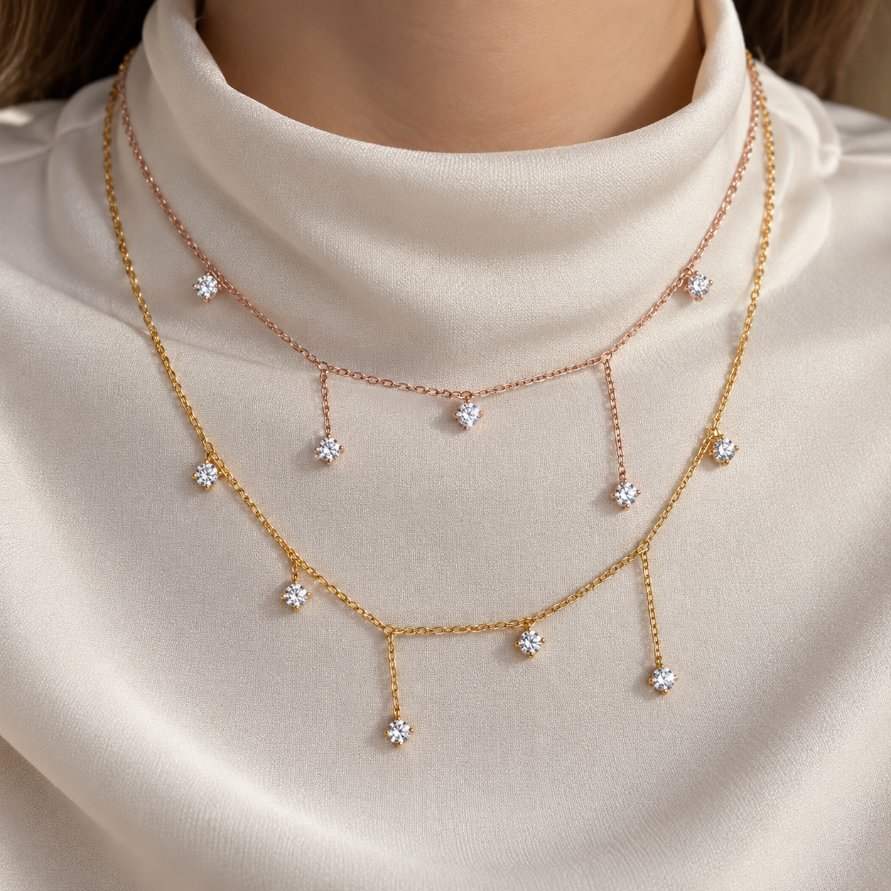 Two Tone Double Layer Round Cut Diamond Drop Gold Necklace