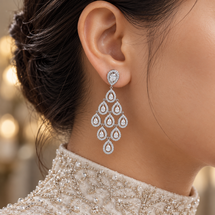 Pear-Shaped Pavé Teardrop Chandelier Earrings in White Gold Tone