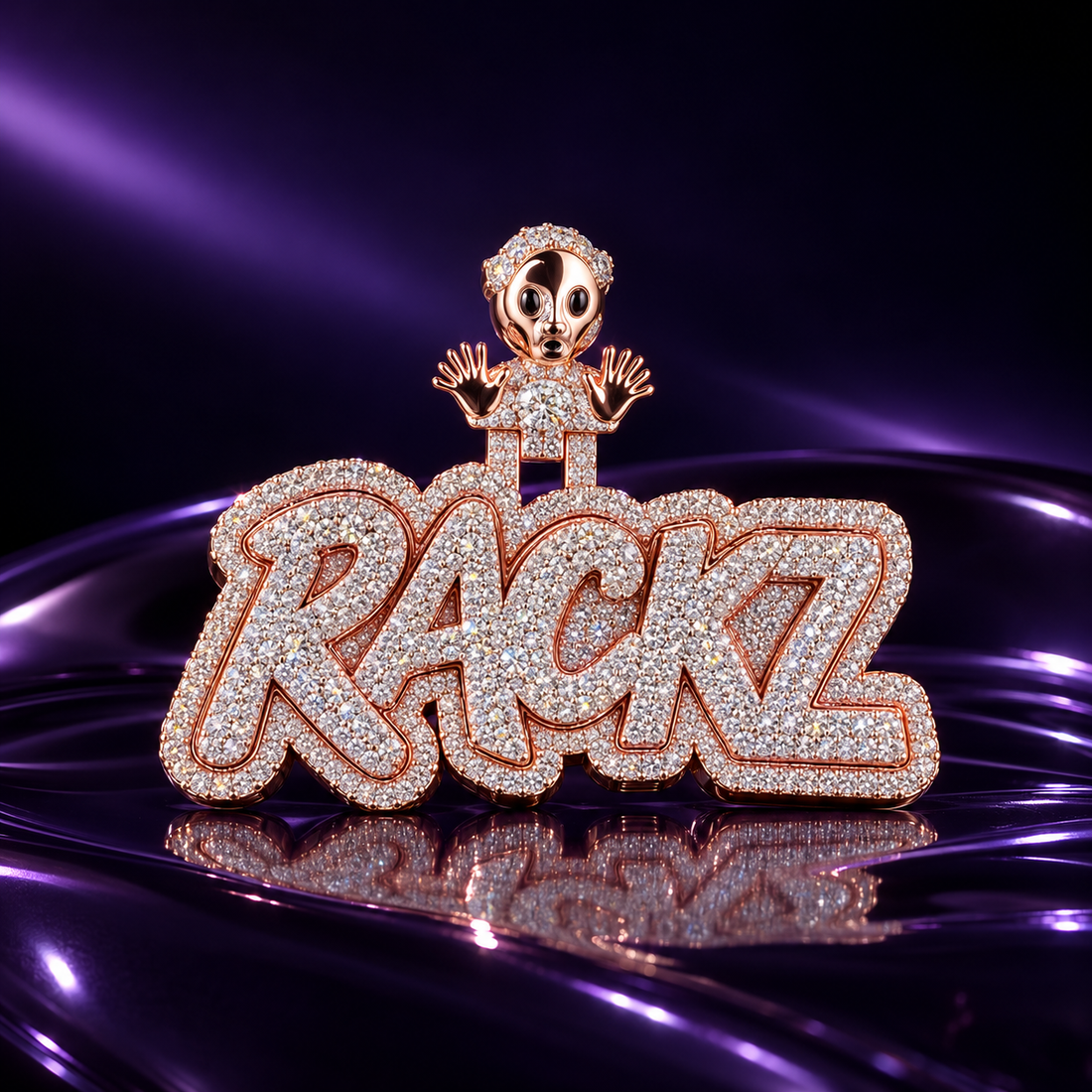 Custom RACKZ Alien Iced Out Rose Gold-Tone Name Pendant – Personalized Hip Hop Jewelry