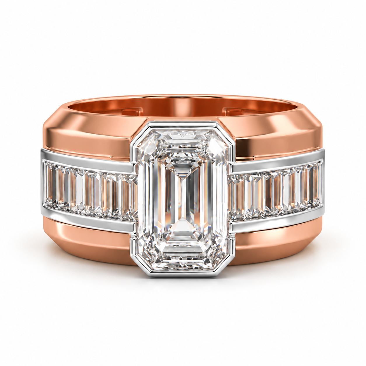 Emerald Cut Center Stone & Baguette Two-Tone Wide Band Ring