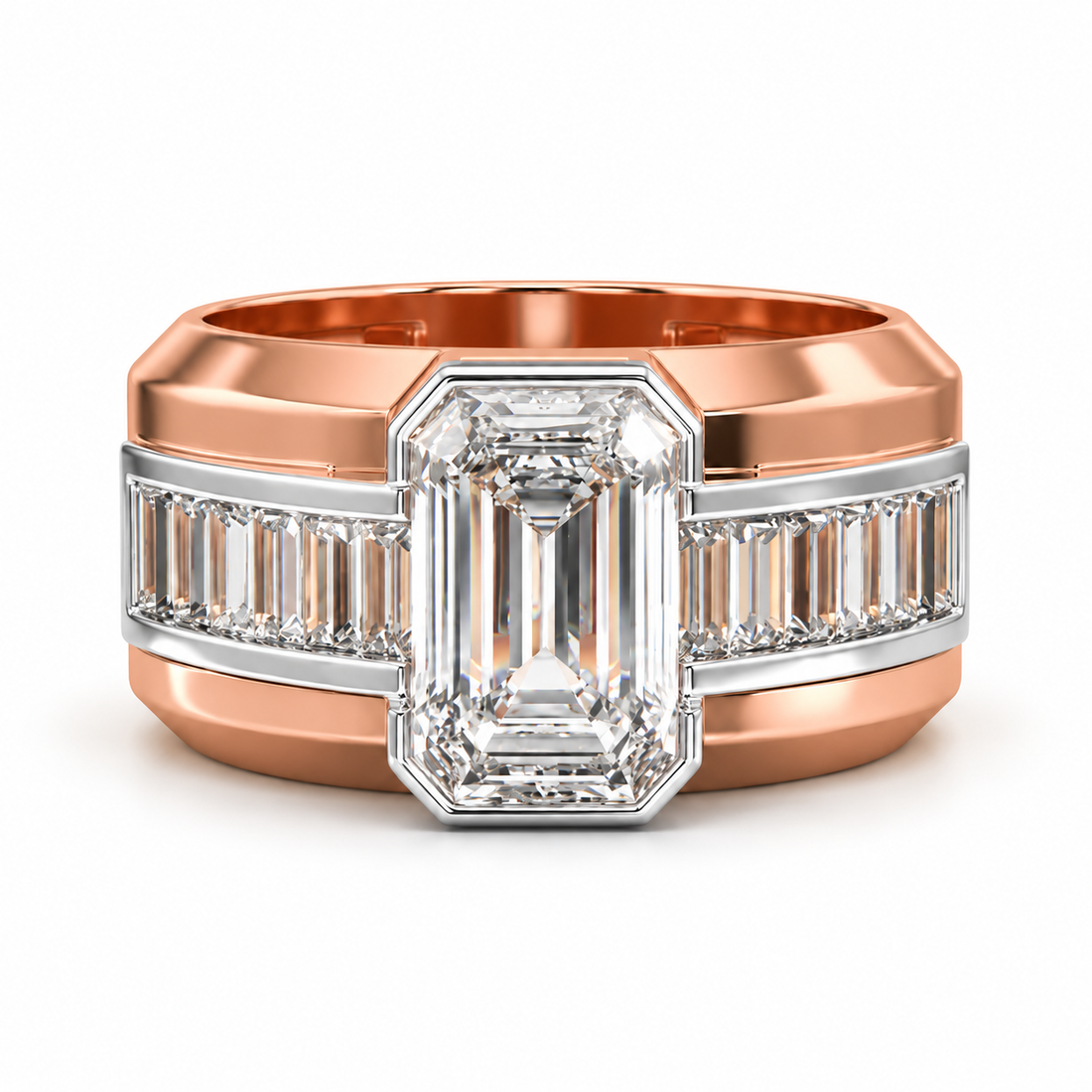 Emerald Cut Center Stone & Baguette Two-Tone Wide Band Ring