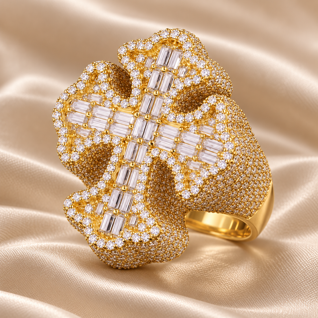 Ornate Baguette Cross Iced Out Yellow Gold-Tone Ring – Custom Hip Hop Statement Jewelry