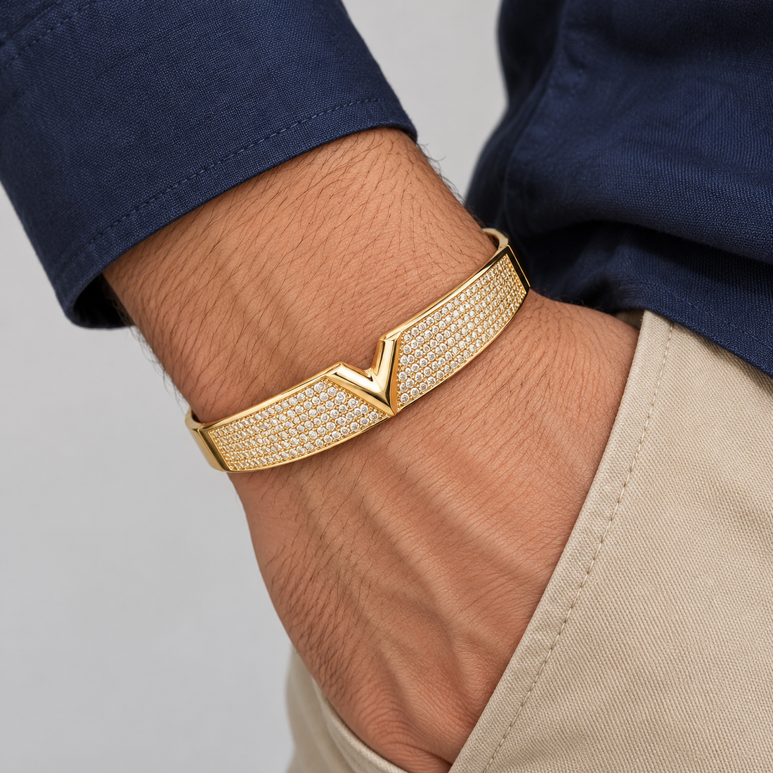 Yellow Gold-Tone V-Motif Pavé Statement Bangle