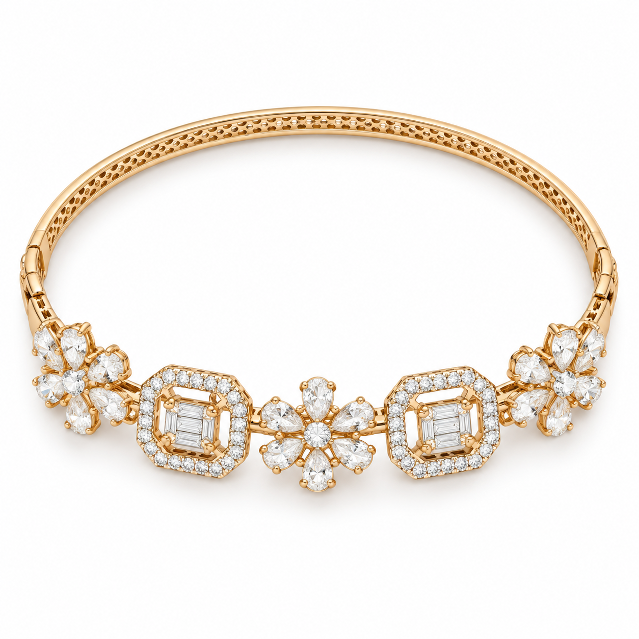 Pear-Cut Flower & Square Halo Gold-Tone Bangle Bracelet