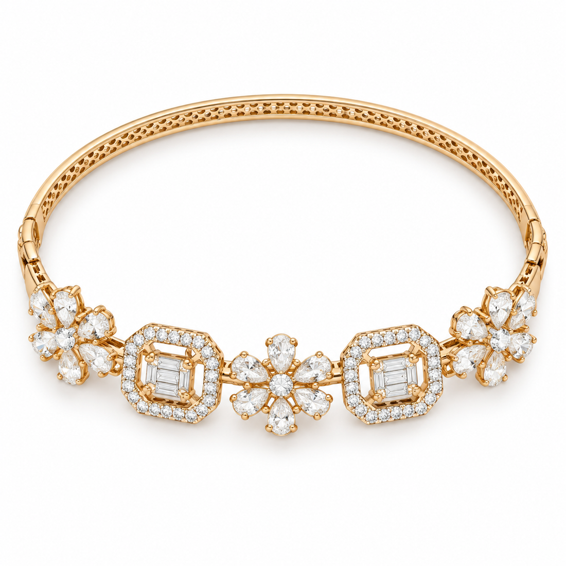 Pear-Cut Flower & Square Halo Gold-Tone Bangle Bracelet