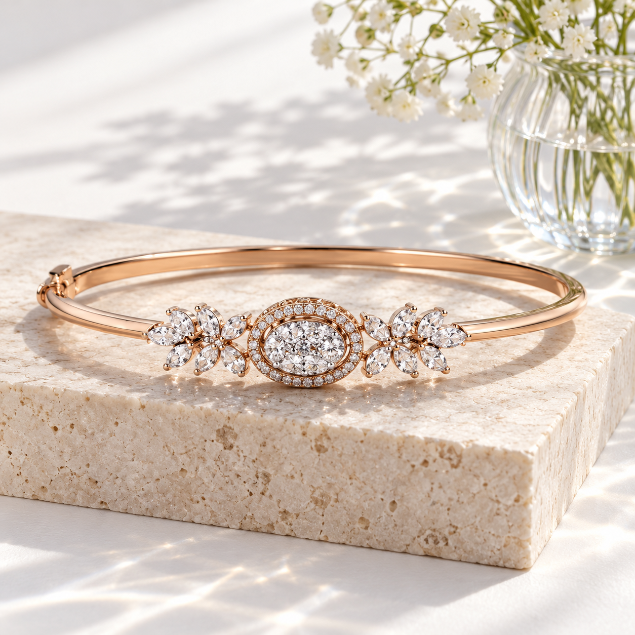 Rose Gold-Tone Oval Halo Cluster Bangle with Marquise Leaves