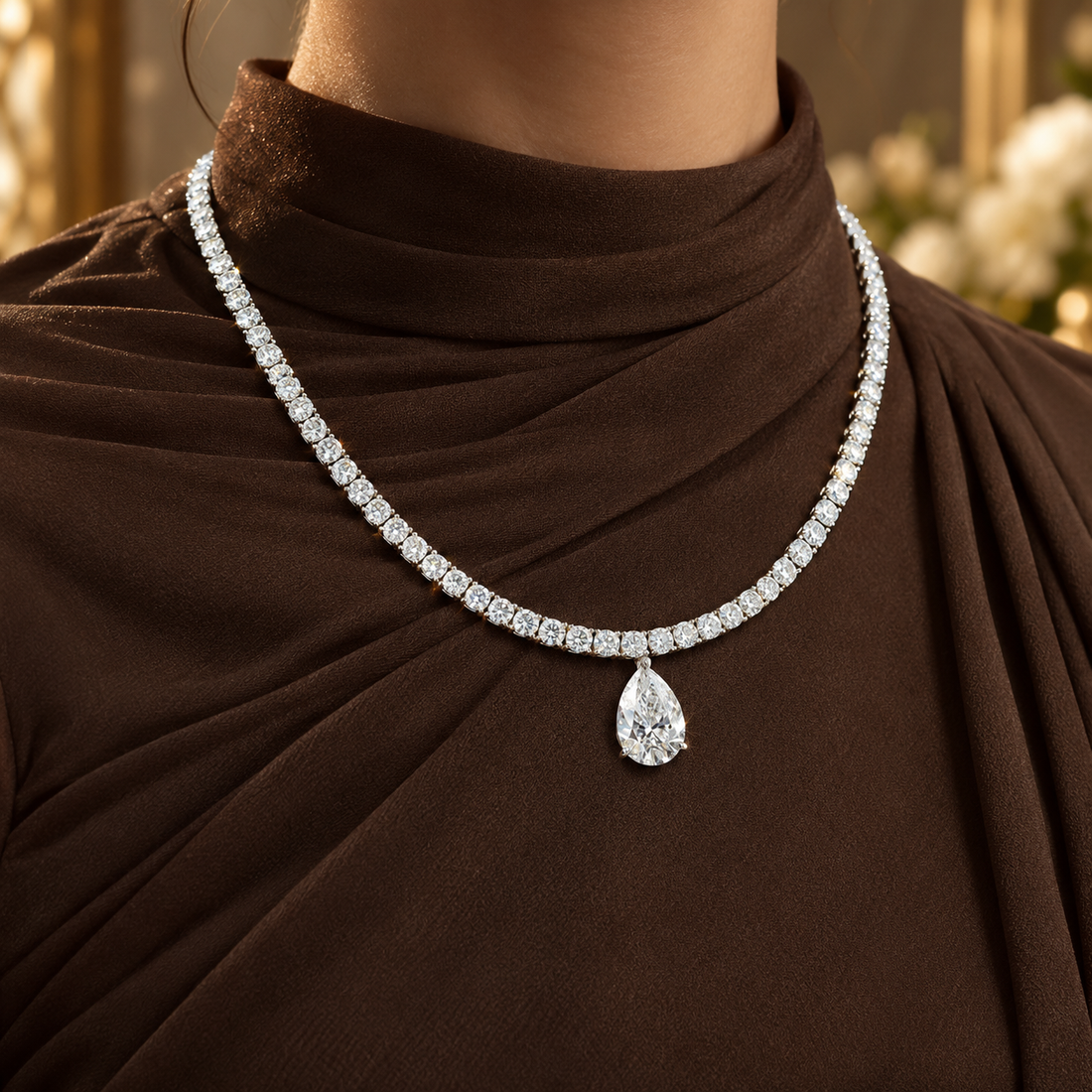 Gold Tennis NecklaceRound Cut Pear Drop White