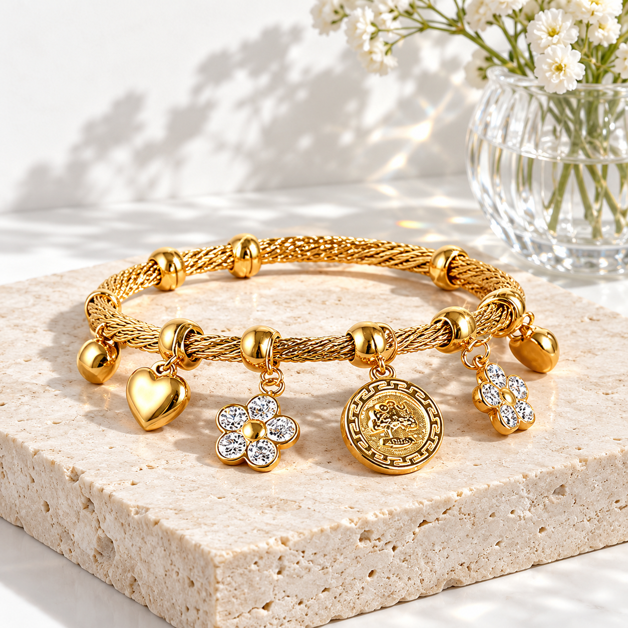 Yellow Gold-Tone Heart, Flower & Medallion Charm Bracelet