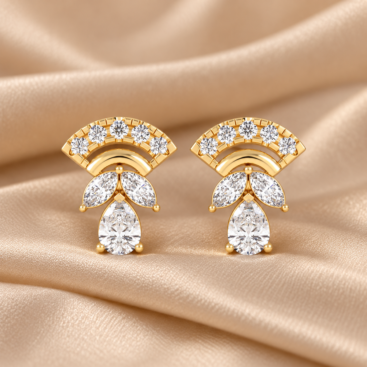 Fan-Shaped Marquise & Pear-Cut Yellow Gold Stud Earrings