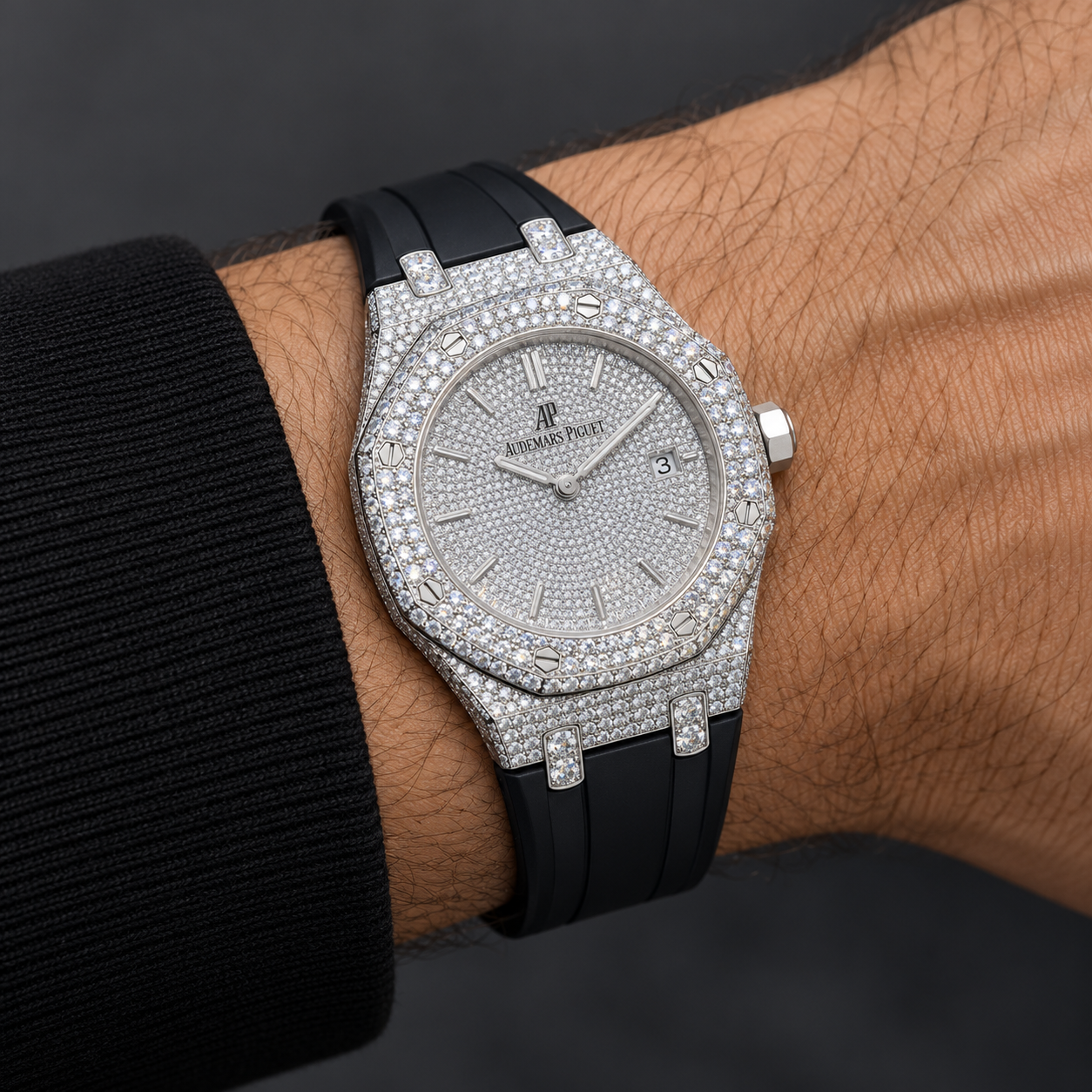 Iced Out Octagonal Silver-Tone Watch with Black Strap – Custom Diamond Statement Watch