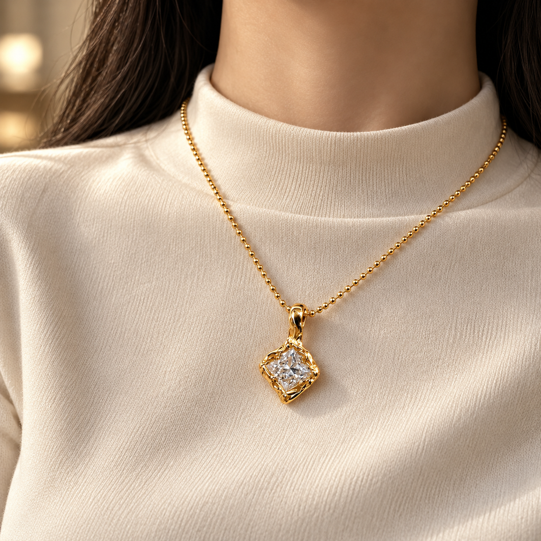 Princess Cut Solitaire Organic Frame Yellow Gold Pendant Necklace