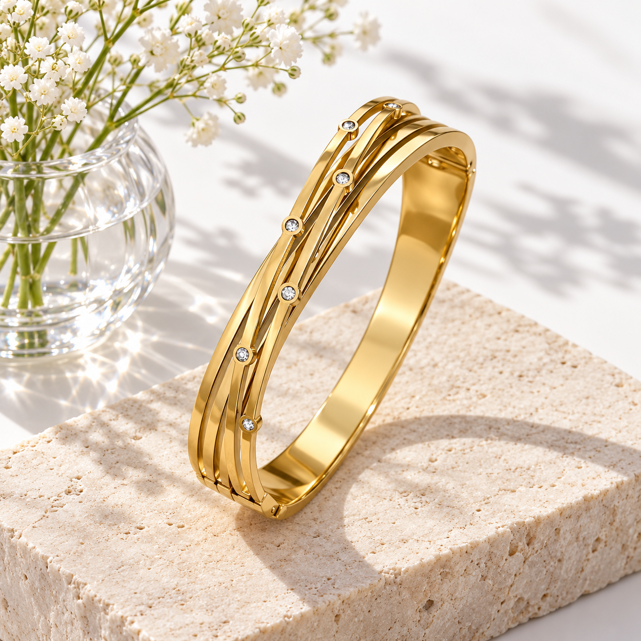 Clear Round Stone Crossover Multi-Row Yellow Gold-Tone Bangle Bracelet