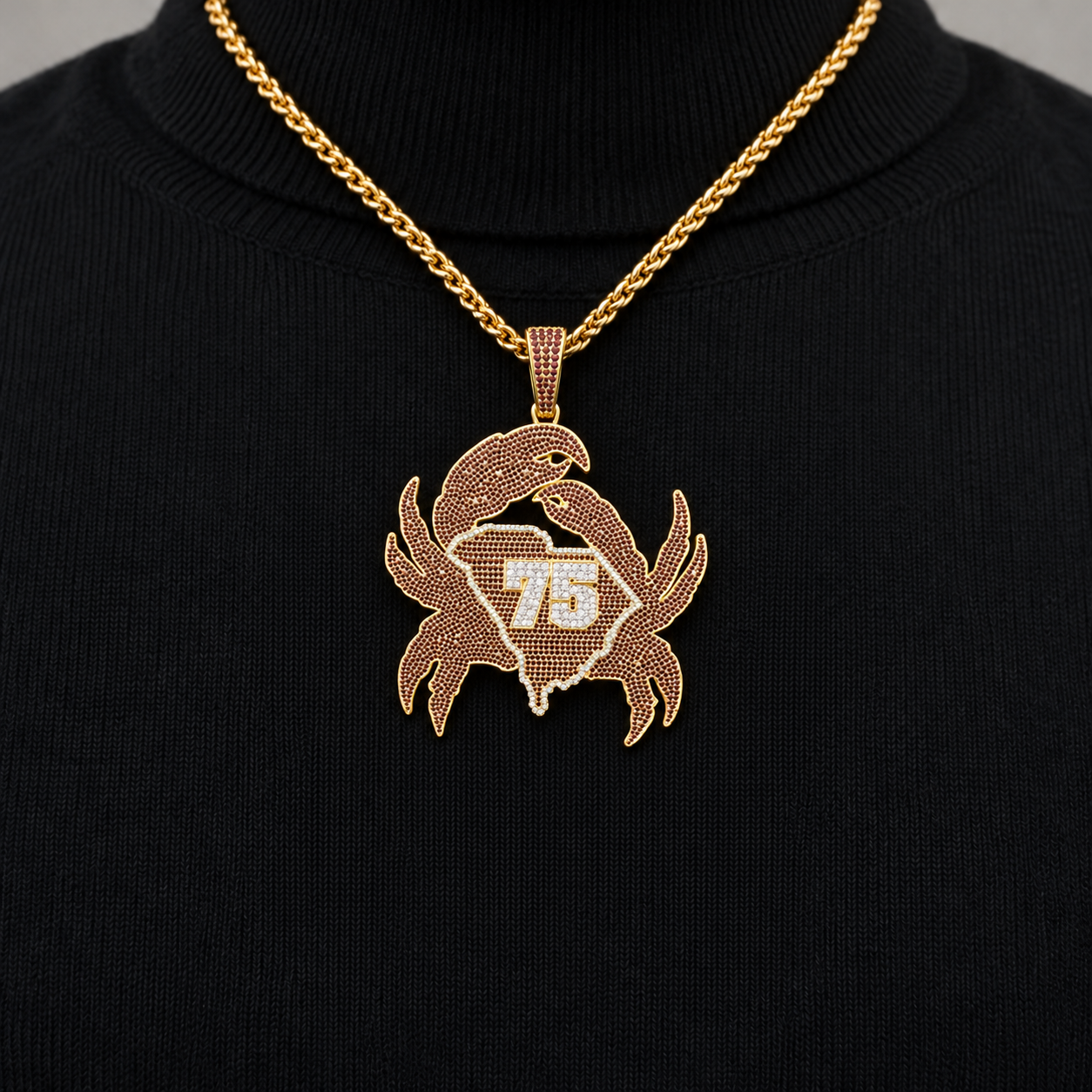 Crab Yellow Gold-Tone Pavé Pendant with Burgundy Stones, South Carolina Outline and 75 Number