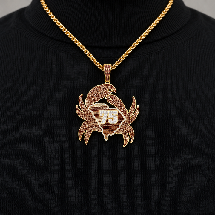 Crab Yellow Gold-Tone Pavé Pendant with Burgundy Stones, South Carolina Outline and 75 Number