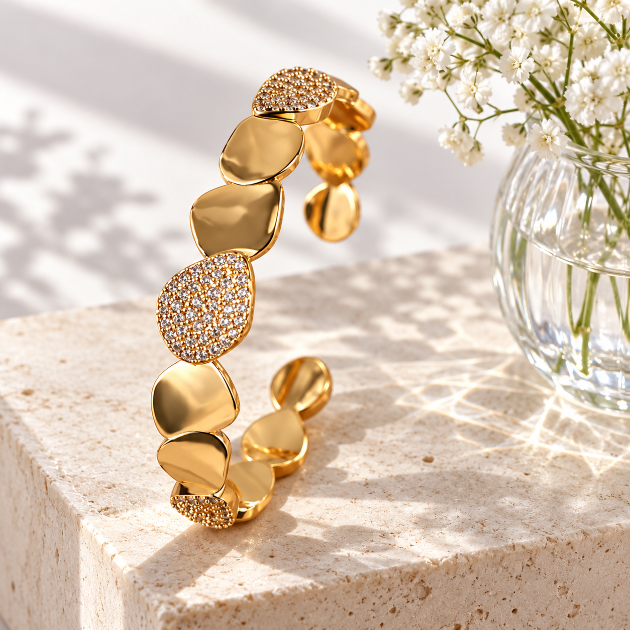 Clear Stone Pavé Pebble Yellow Gold-Tone Open Cuff Bracelet