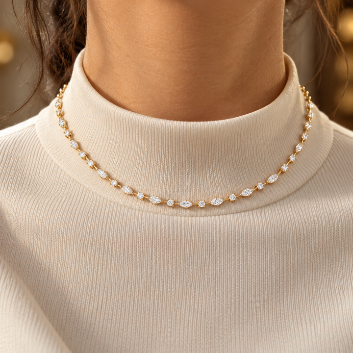 Marquise & Round Cut Yellow Gold Diamond Station Necklace