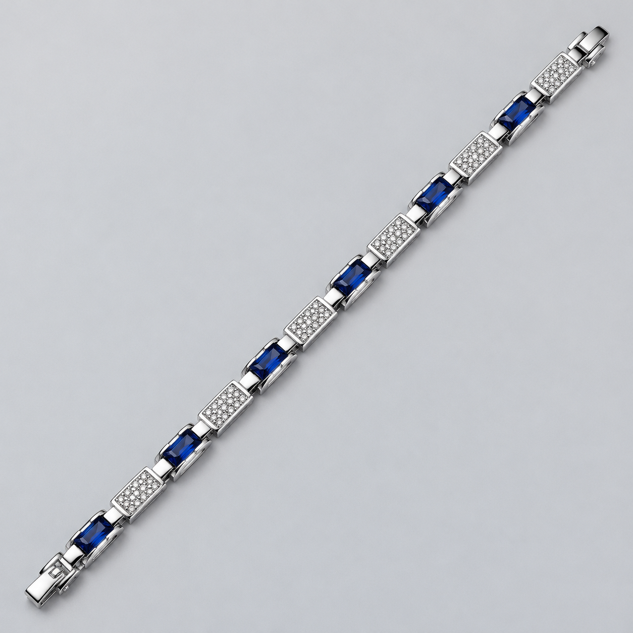 Silver-Tone Blue Rectangular Stone and Pavé Panel Link Bracelet
