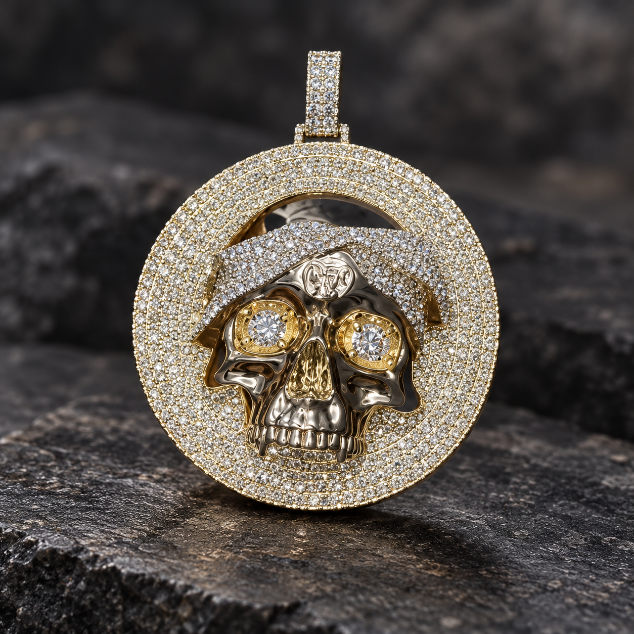 Pirate Skull Round Pavé Pendant with Two-Tone Detailing and Clear Stone Eyes