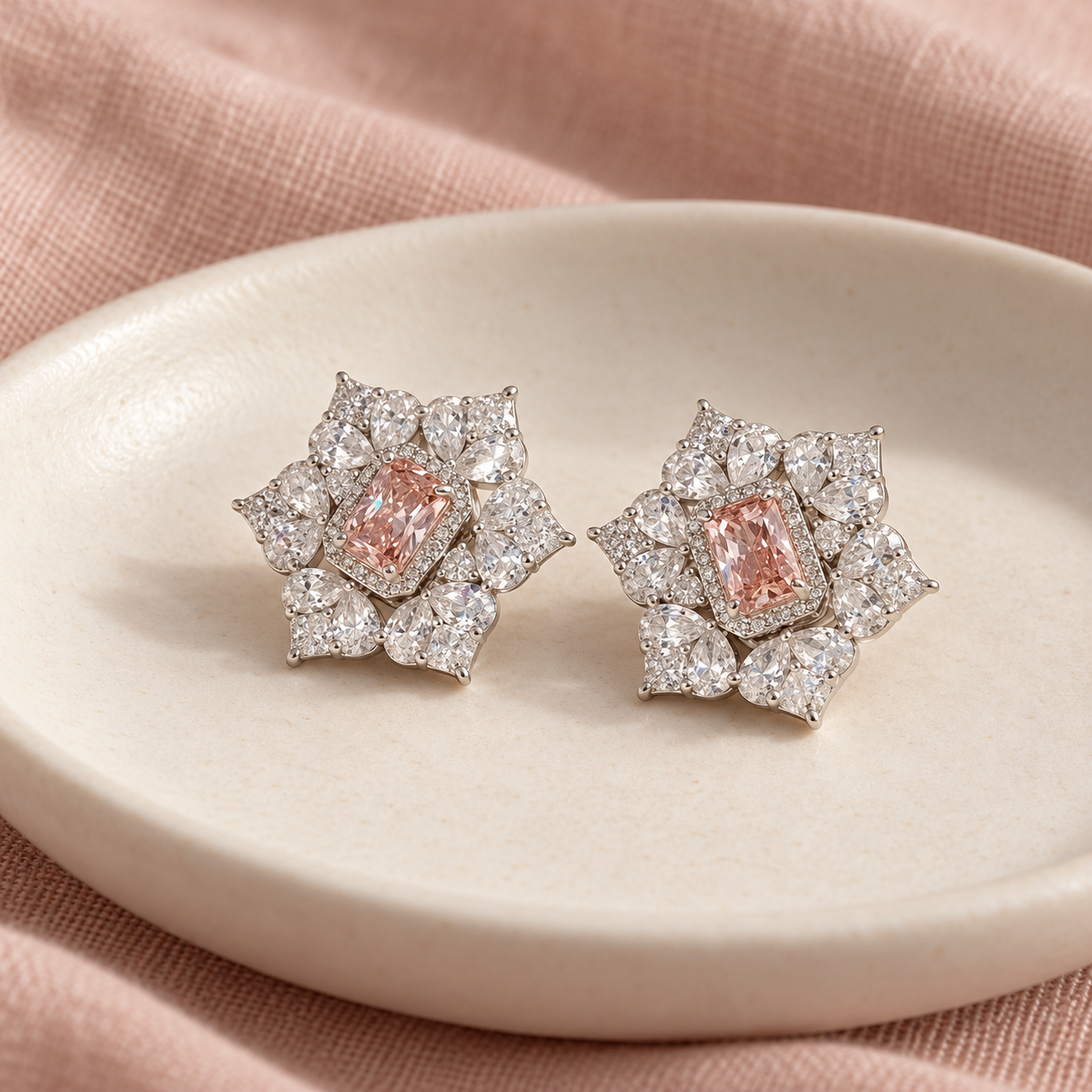 Pink Rectangular Halo Floral Cluster White-Tone Stud Earrings
