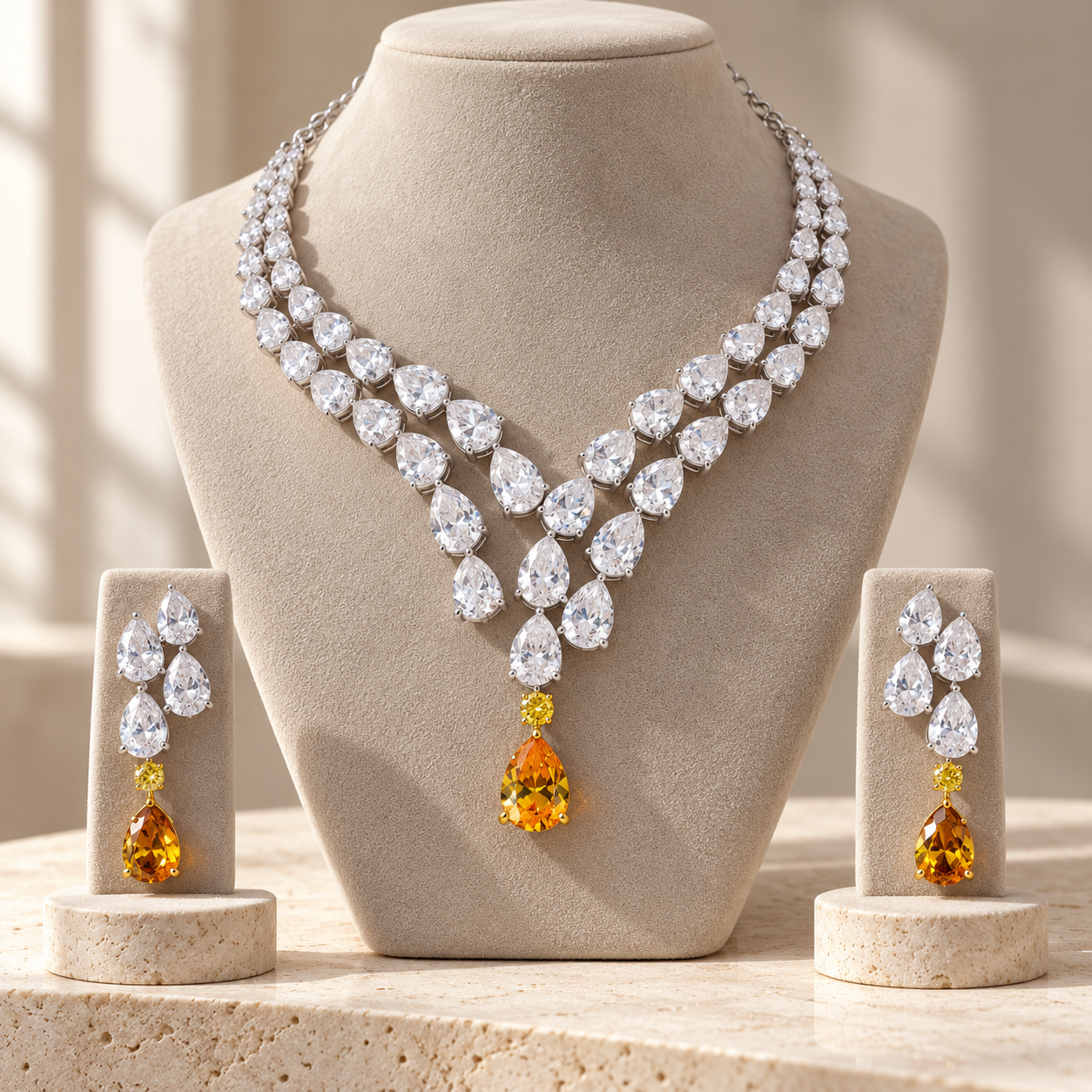 Double-Row Pear-Cut Bridal Necklace and Earrings Set with Amber-Orange Drops