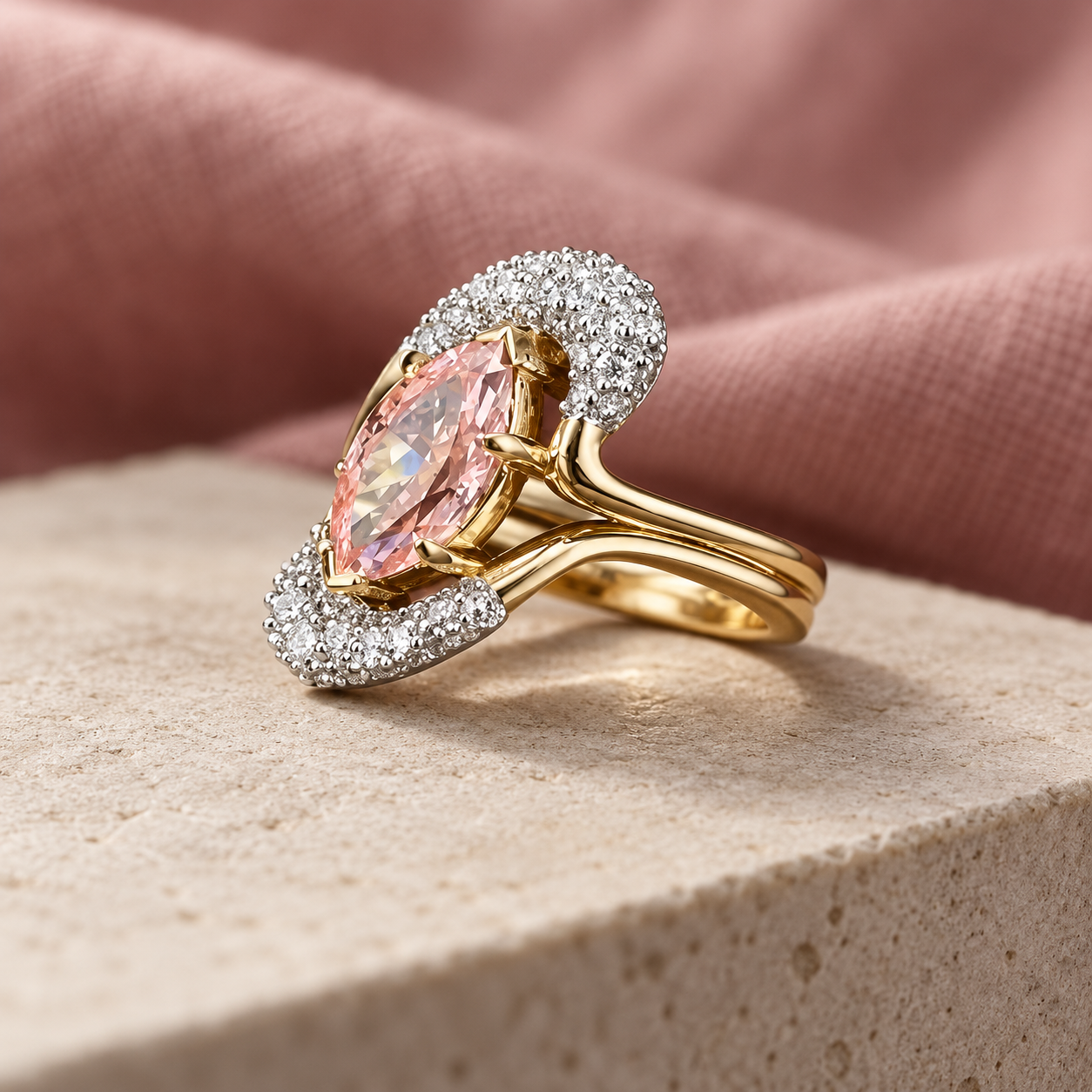 Women’s Pink Marquise Two-Tone Pavé Crescent Split-Shank Ring