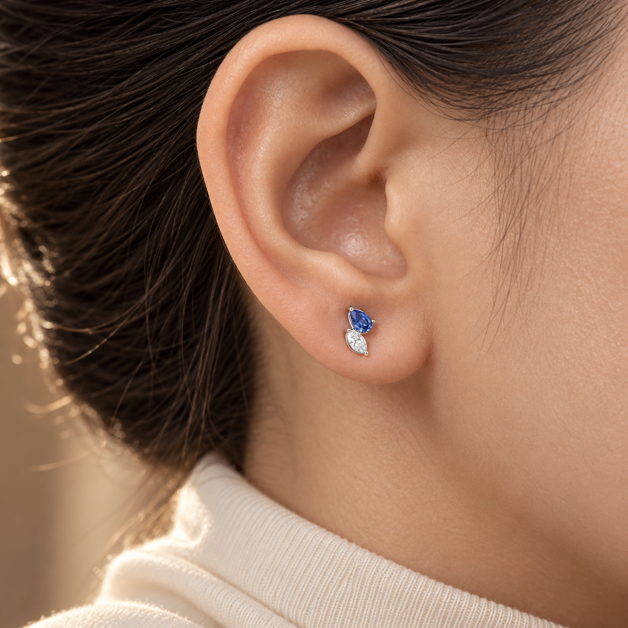 Blue Pear & Clear Marquise Two-Stone Stud Earrings
