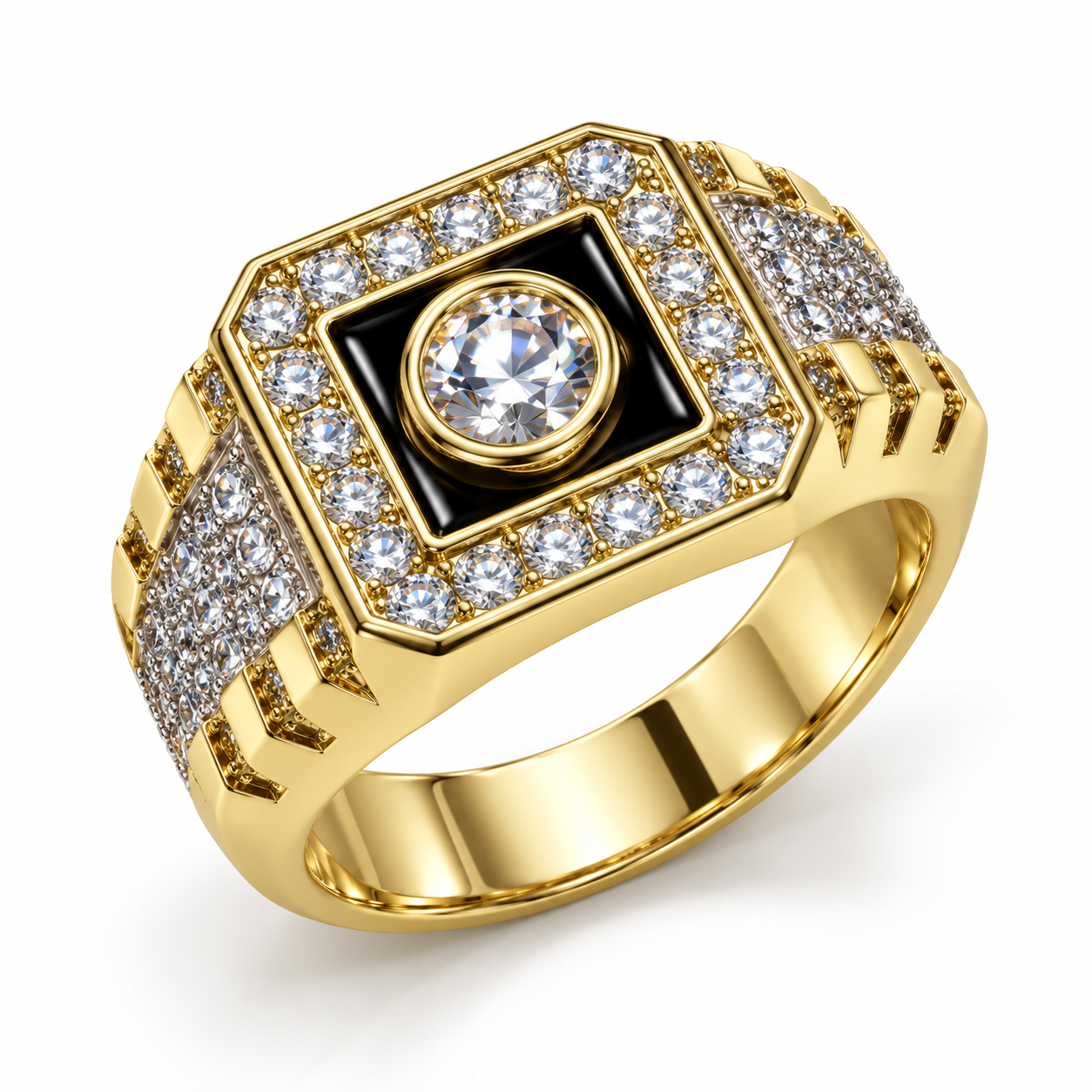 Black Square Round Stone Halo Iced Out Hip Hop Signet Ring