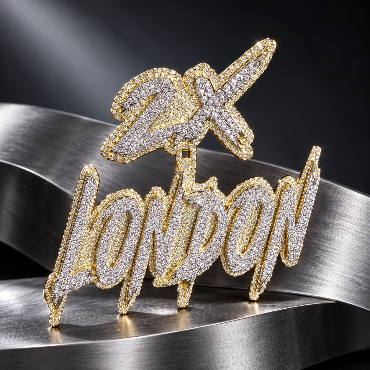 Custom 2X London Graffiti Name Iced Out Two Tone Pendant – Personalized Hip Hop Jewelry