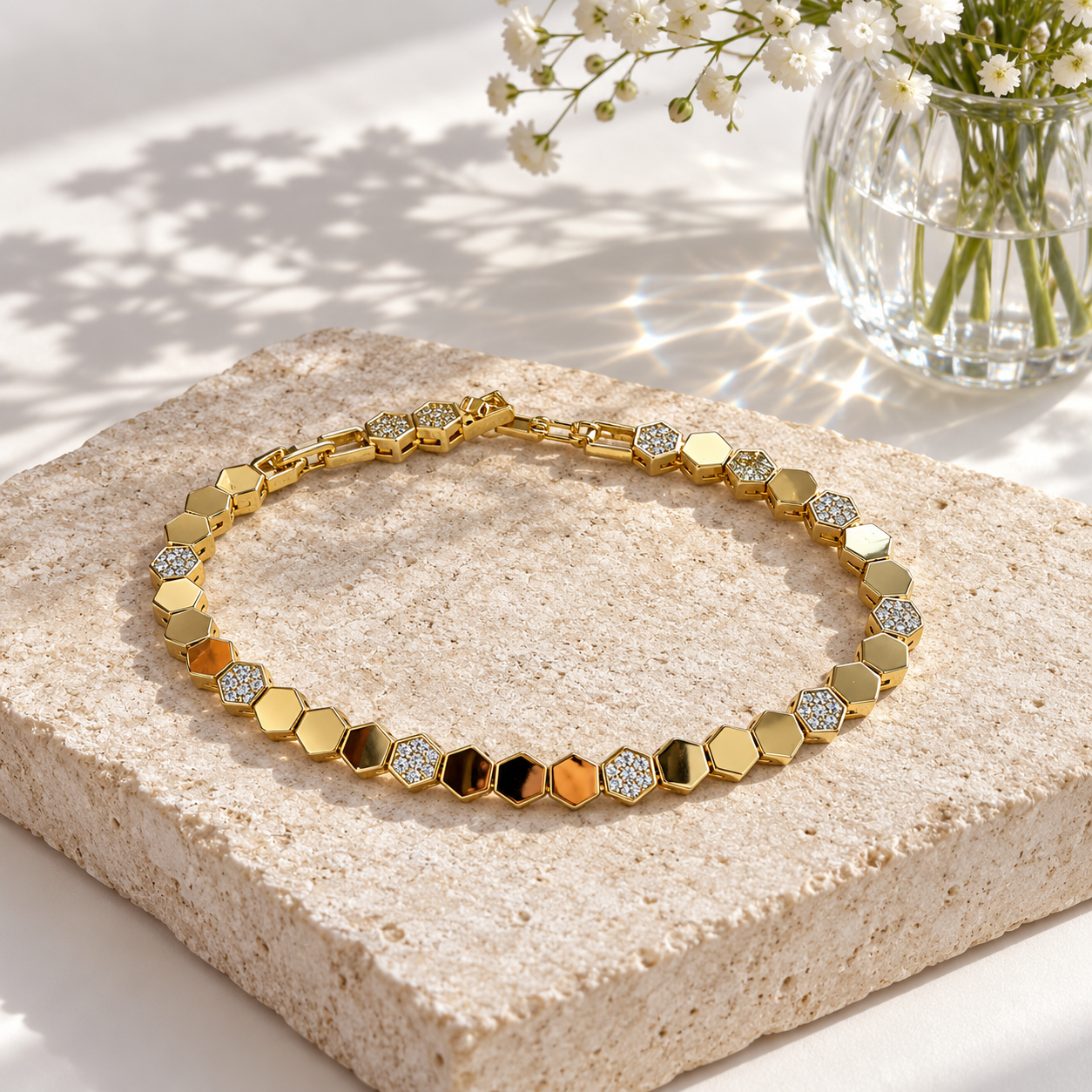 Clear Stone Pavé Octagon Yellow Gold-Tone Link Bracelet