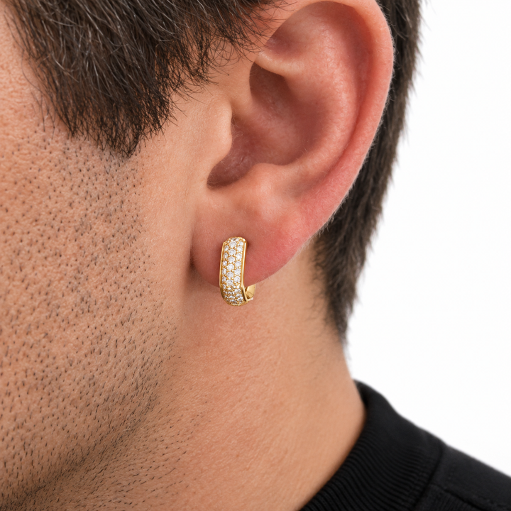 Men’s Three-Row Pavé Yellow Gold-Tone Elongated Hoop Earring