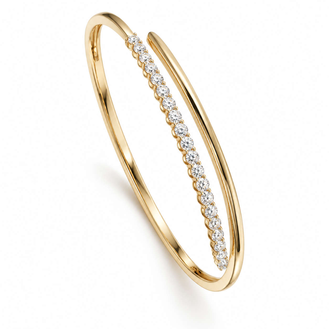 Clear Round Stone Bypass Yellow Gold-Tone Open Bangle Bracelet