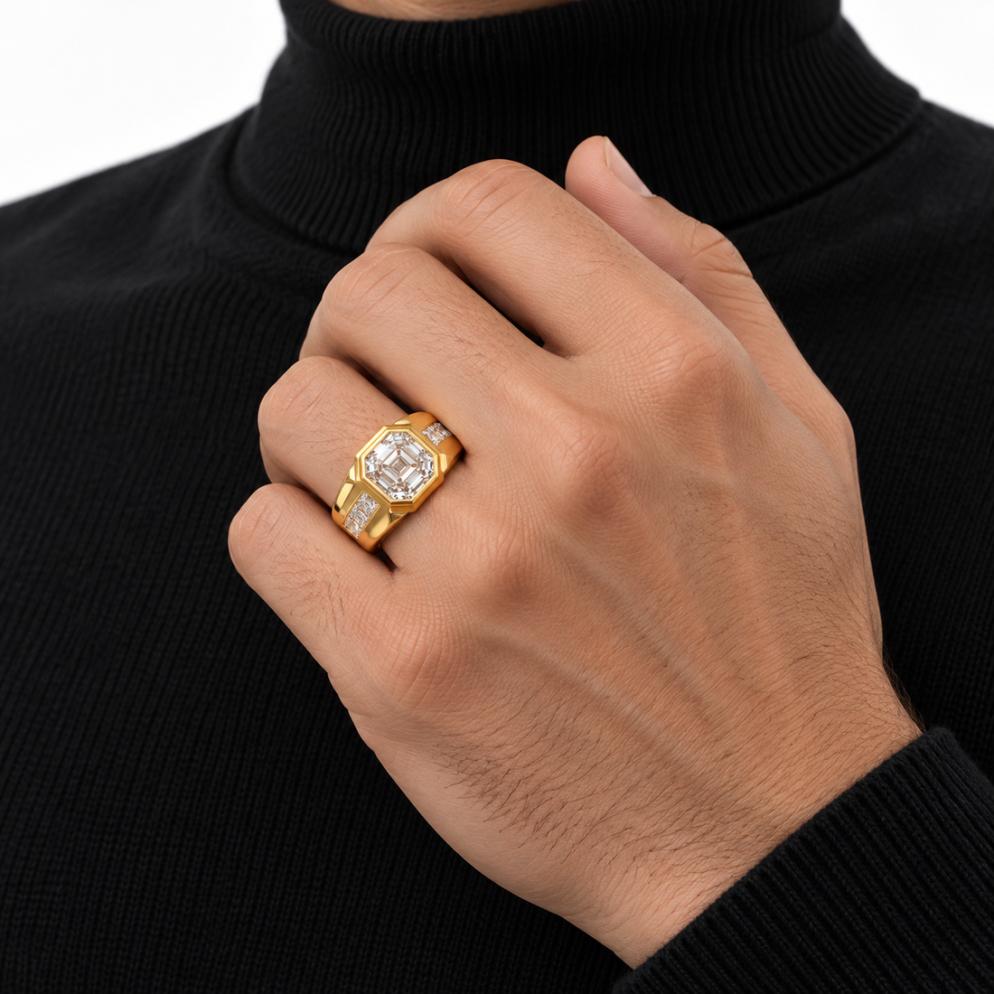 Asscher-Style Step Cut Yellow Gold-Tone Ring with Square Stone Shoulders