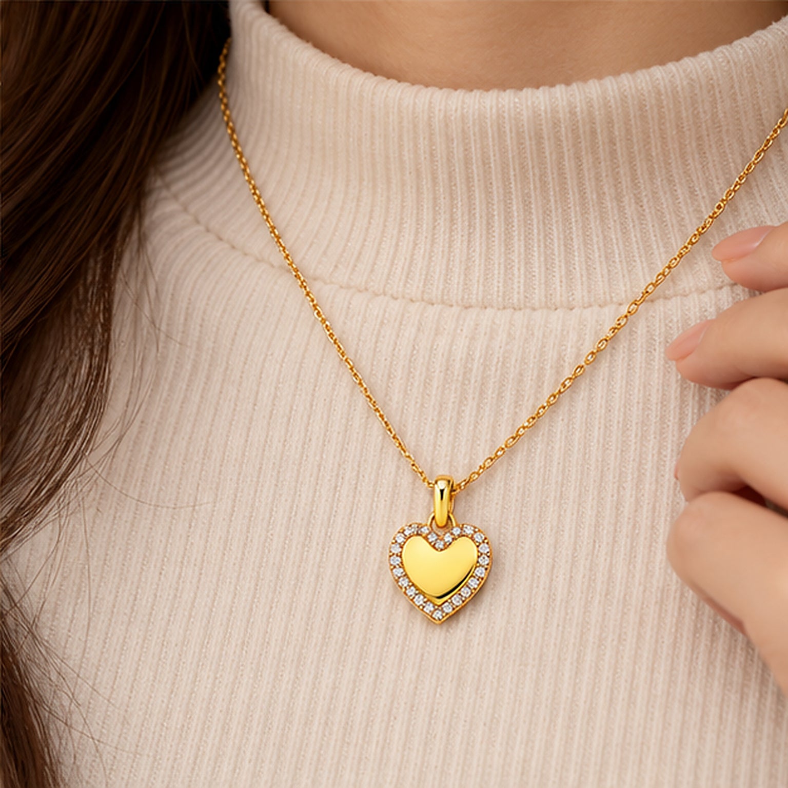 Round Cut Pavé Halo Heart Yellow Gold Pendant Necklace