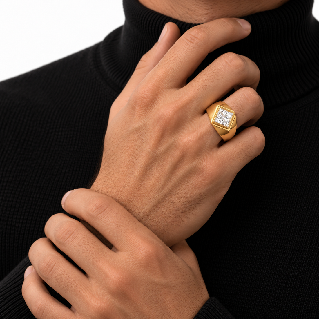 Princess Cut Solitaire Yellow Gold-Tone Geometric Signet Ring