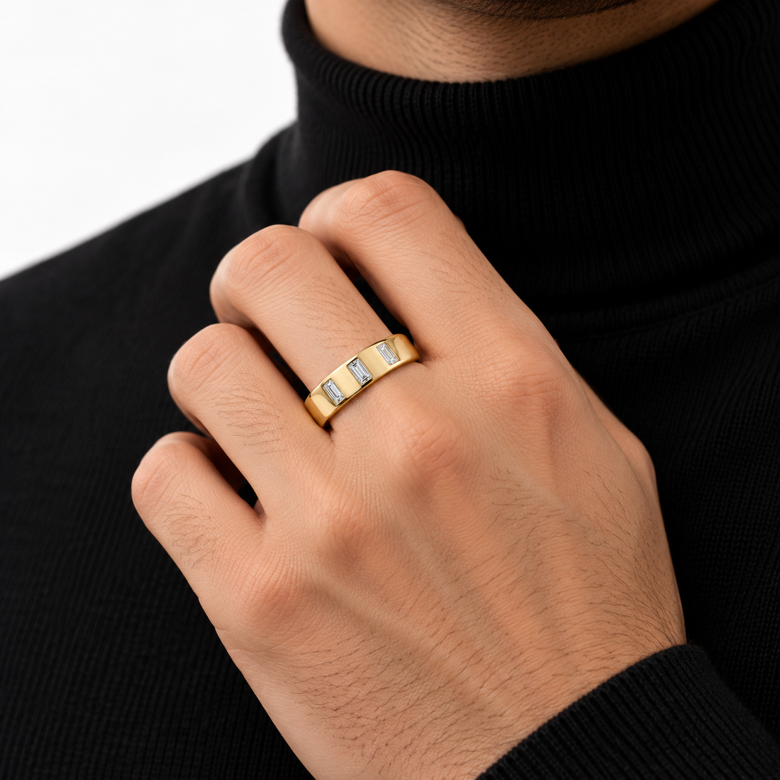 Three Stone Vertical Baguette Yellow Gold-Tone Band Ring