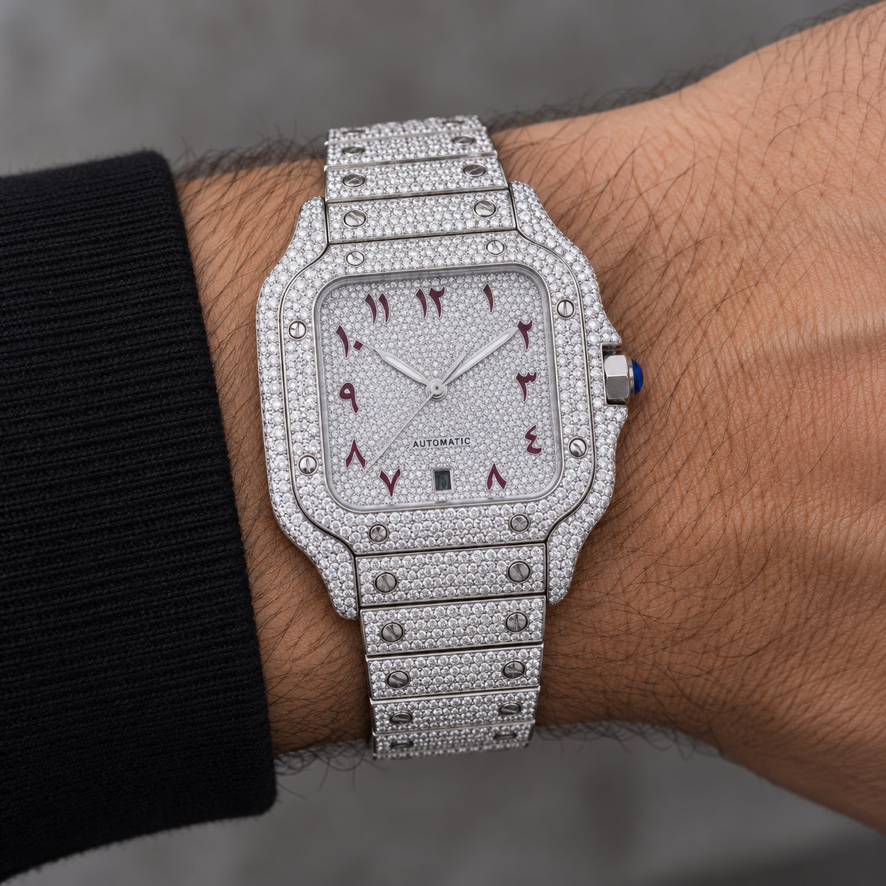Iced Out Square Arabic Numeral Silver-Tone Watch – Custom diamond Statement Watch