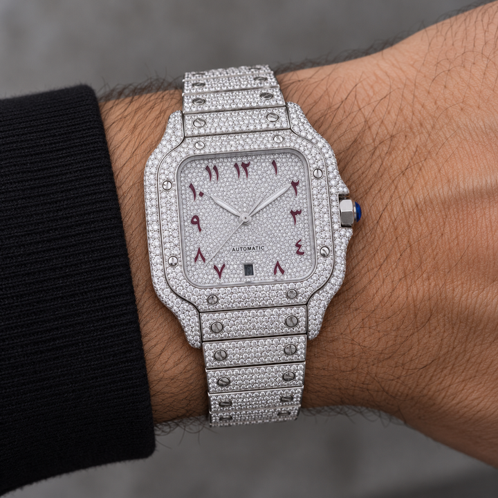 Iced Out Square Arabic Numeral Silver-Tone Watch – Custom diamond Statement Watch