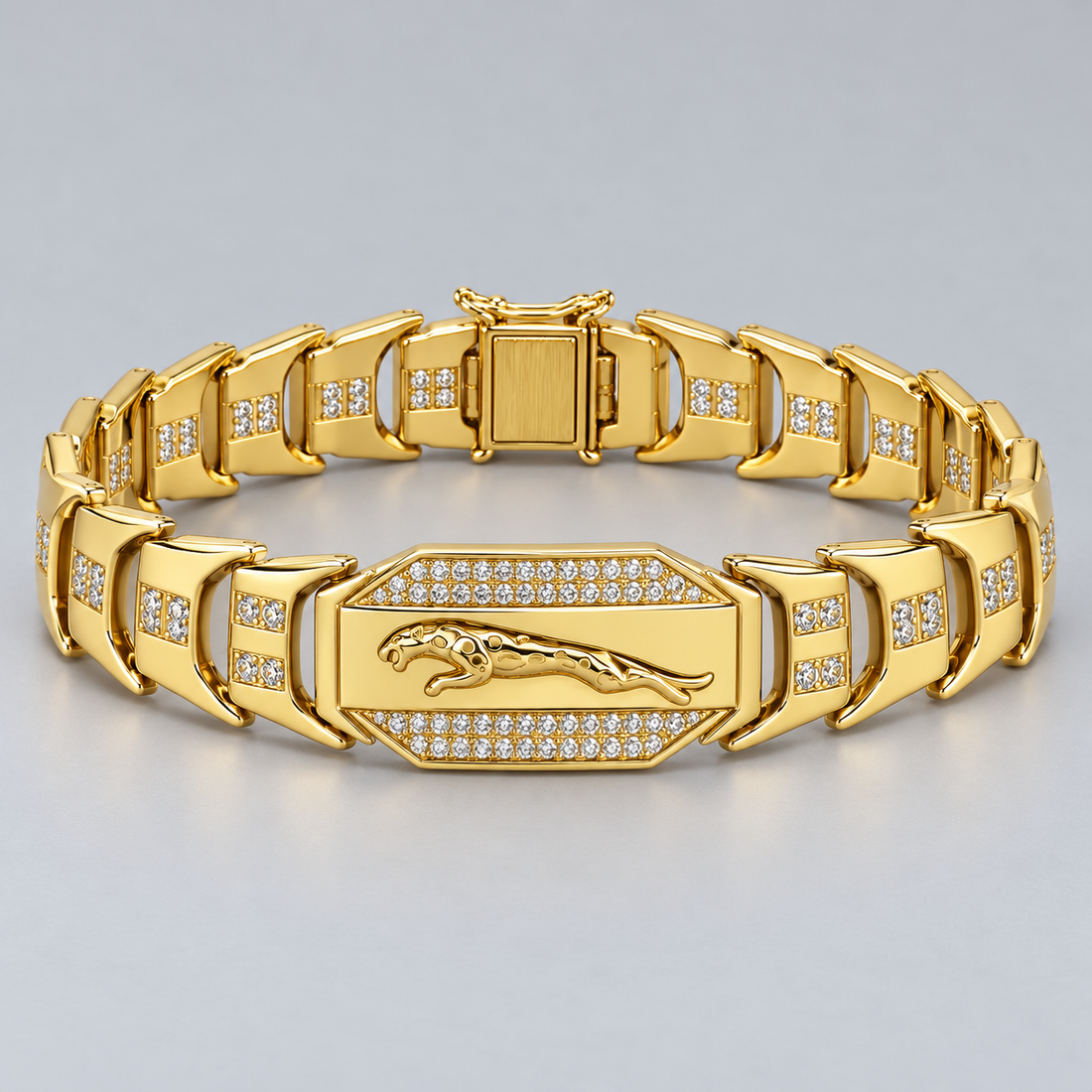 Gold-Tone Leaping Panther Motif and Clear Stone Panel Link Bracelet
