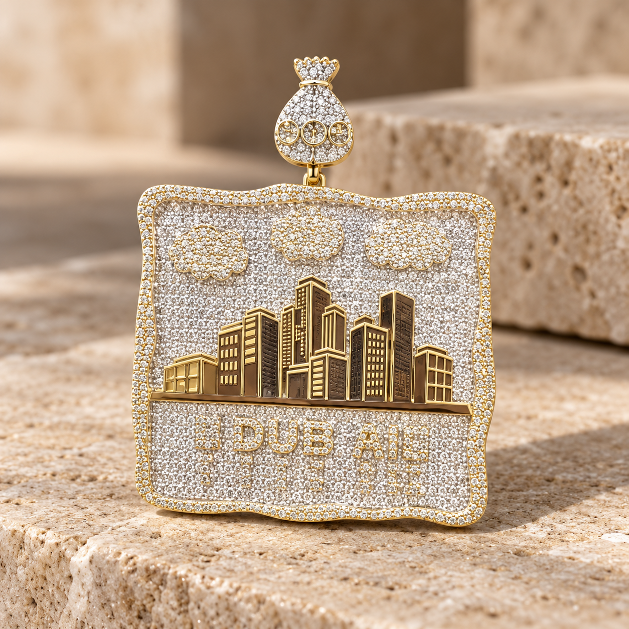 Dubai Skyline Yellow Gold-Tone Pavé Pendant with Cloud Details and Money Bag Bail