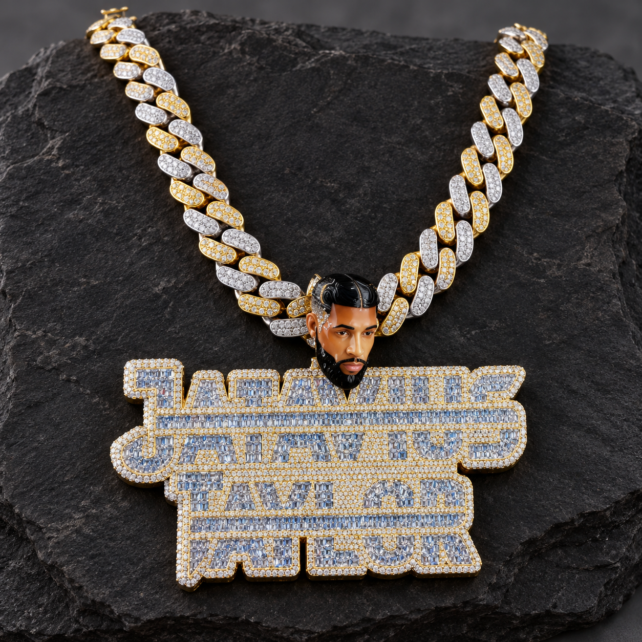 Custom Portrait and Stacked Name Pendant with Blue Baguette-Style Stones and Gold-Tone Detailing