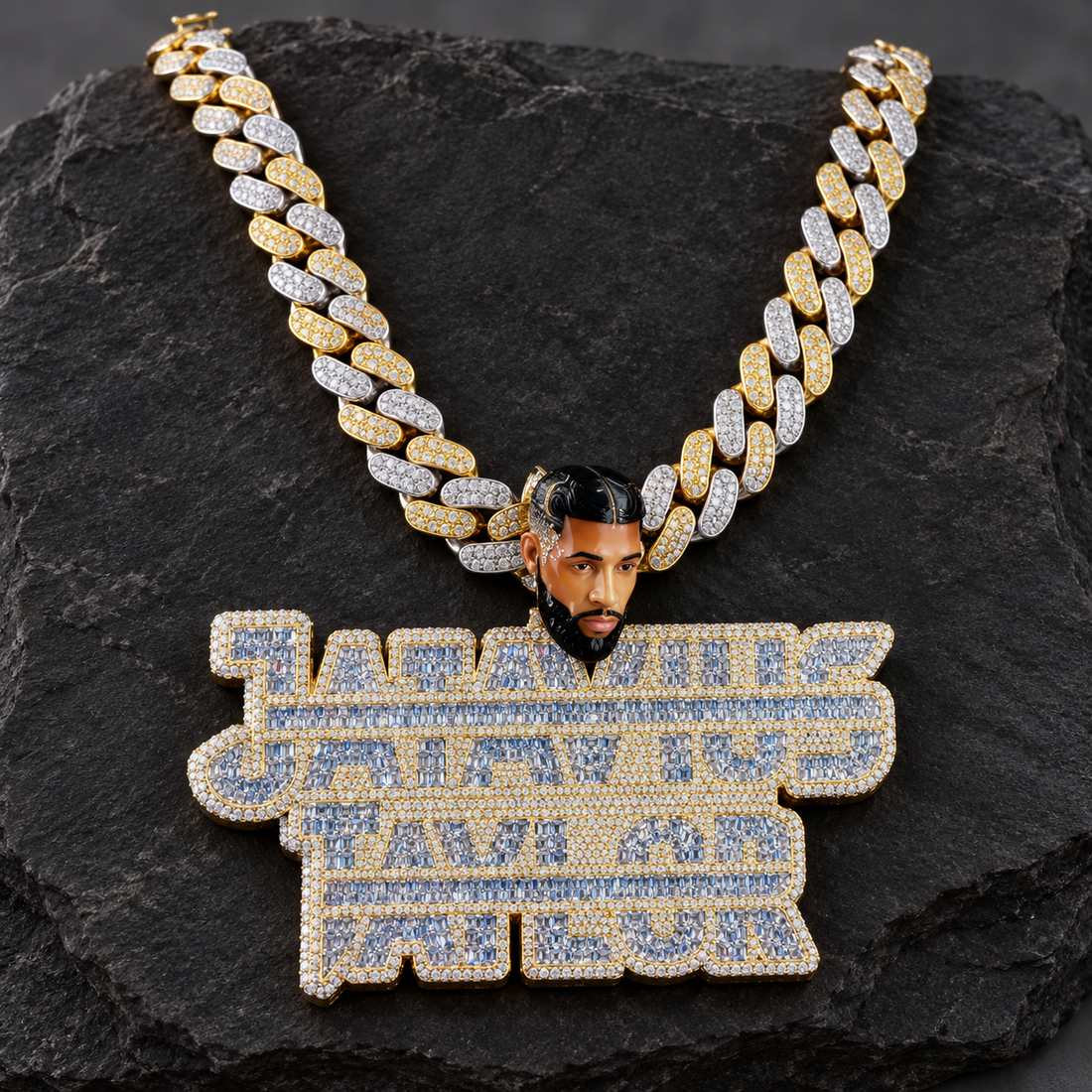 Custom Portrait and Stacked Name Pendant with Blue Baguette-Style Stones and Gold-Tone Detailing