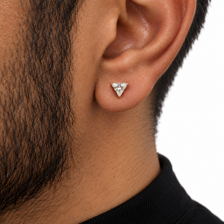 Men’s Trillion Cut Solitaire Silver-Tone Three-Prong Stud Earring