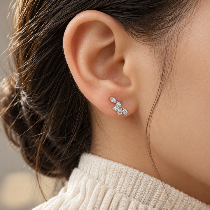 Marquise & Round Stone Leaf Cluster Stud Earrings