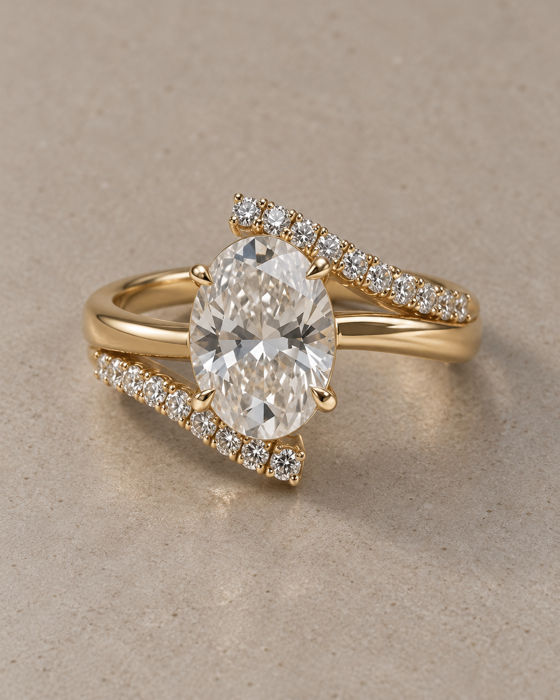 Oval Clear Stone Bypass Split Band Ring in Yellow Gold Tone